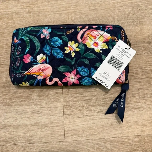 Vera Bradley Navy Floral Flamingo Zip Wallet with Pink Accents - Picture 2 of 11
